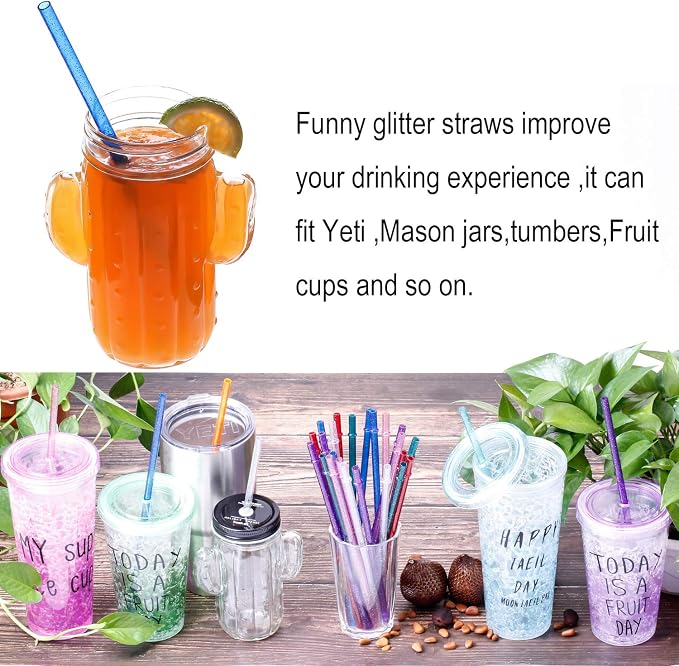 Dakoufish BPA-Free 12 Piece 11 Inch Reusable Clear Plastic Glitter Sparkle Drinking Straw Plus one Cleaning Brush (Teal,11inch)