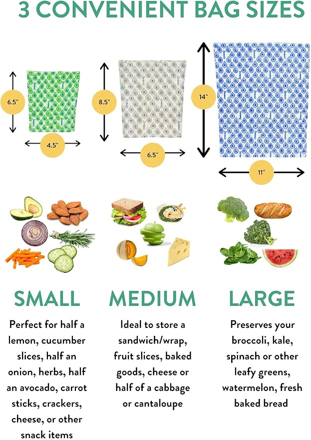 BeeBAGZ - Beeswax Wrap Storage Bag, Reusable Food Storage Bags, Pack of 3, Plastic Free Biodegradable Food Wrap Alternative, Starter Pack, 1 Small + 1 Medium + 1 Large, (Blue)