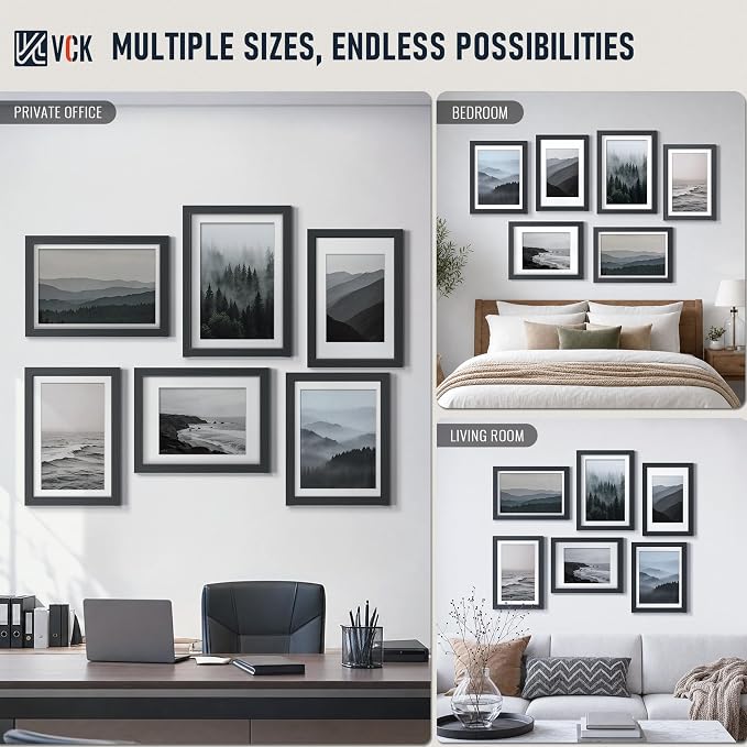 VCK 12x18 Picture Frames Black 3 Pack, Wide Border Solid Wood, Tempered Glass, Display 11x17 Photo with Mat or 12 x 18 without, for Home, Office, Gallery, Woodgrain Series, Wall Hanging