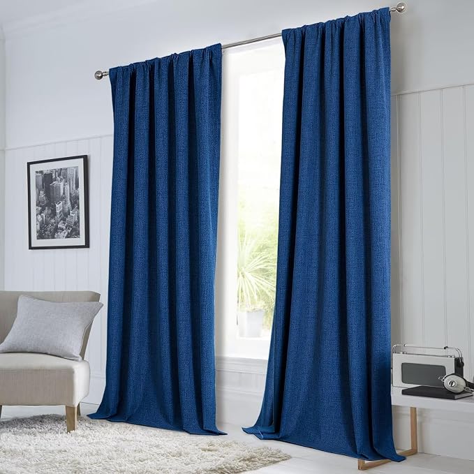 CUCRAF Custom Linen 100% Total Blackout Curtains, Navy Blue Back Tab and Rod Pocket Curtain for Living Room Bedroom, Light Blocking Drapes Thermal Insulated 1 Panel (Custom Size, Color)