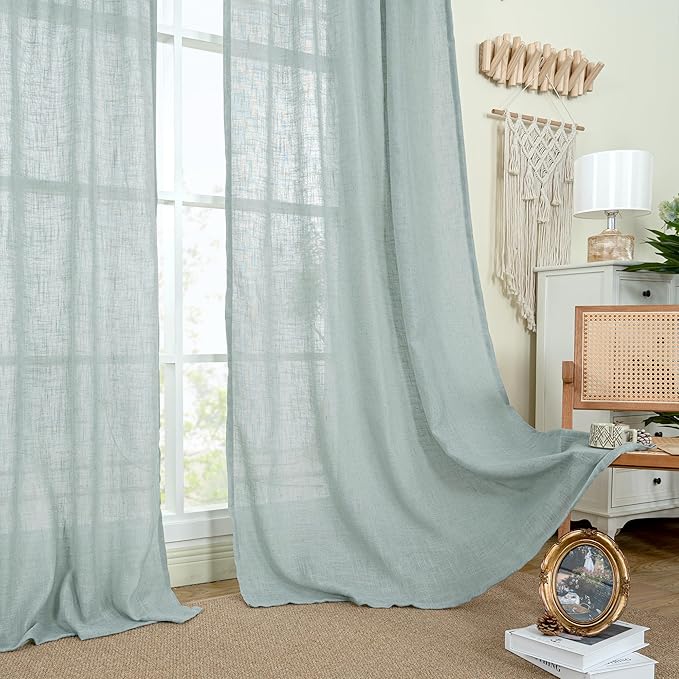 LAMIT Window Linen Curtains 24 Inch Length, Semi Sheer Light Filtering Window Panels Back Tab and Rod Pocket Drapes for Kitchen/Small Windows, Greyish Blue, 25 x 24 Inch, 2 Panels