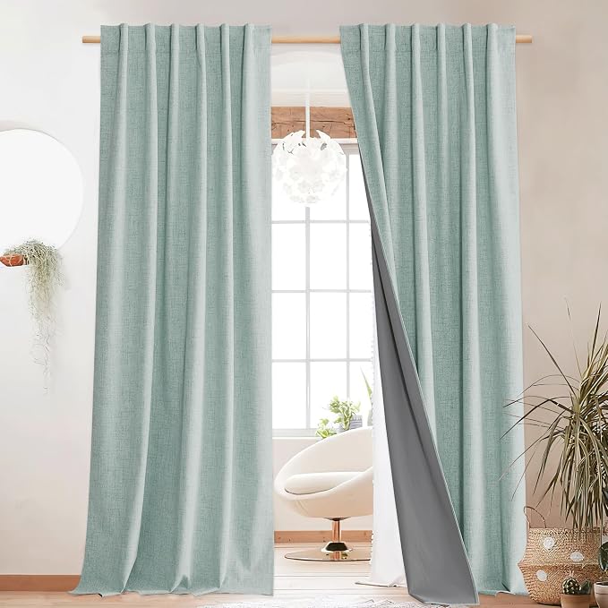 NICETOWN 100% Blackout Seafoam Green Linen Curtains 90" Length with Thermal Insulated Liners, Farmhouse Style Room Cooling Small Window Draperies for Dining Room (2 Panels, 52" W)