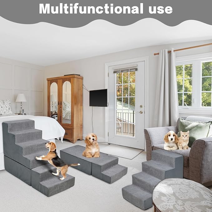 Dog Steps for High Beds 30-32" H, 6-Step Dog Stairs for Small Dogs, 33D Foam Pet Steps for High Bed Climbing, Non-Slip Balanced Pet Stair Ramps for Bed Indoor, Grey