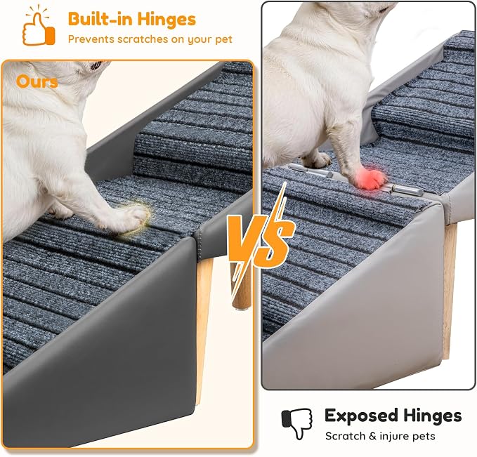 17" H Dog Stairs for Small Dogs – 4-Step Non-Slip Dog Ramp for Couch, Foldable 2-in-1 Pet Stairs & Ottoman, Upgraded Pet Steps for Puppies, Senior Dogs & Injured Pets, Solid Wood Frame (Grey)