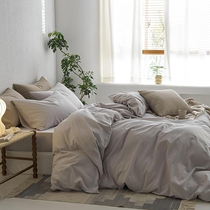 MooMee California King Duvet Cover Set, 100% Washed Cotton Linen Like Twill Thick Sturdy Material Super Soft Breathable Durable Bedding for All Season, 3 Pieces (Light Gray, Cal King 104"x98")