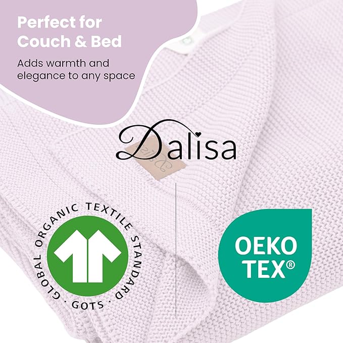 Dalisa 100% Organic Turkish Cotton Throw Blanket Harbor Mist– GOTS Certified, Cozy, with Reusable Cotton Gift Bag – Perfect for Couch, Bed, and Home Decor – Boho Vintage Knit Alina