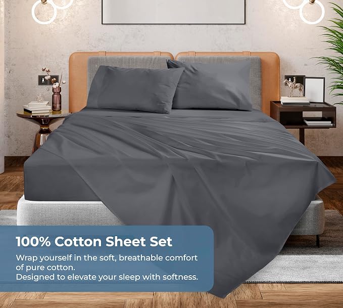 ROYALE LINENS 100% Organic Cotton Queen Sheet Set - Percale Weave - 4 Pieces Set - 1 Flat, 1 Deep Pocket Fitted Sheet and 2 Pillowcases - Grey Bed Sheets - Sábanas Queen - Crisp Cool (Grey)