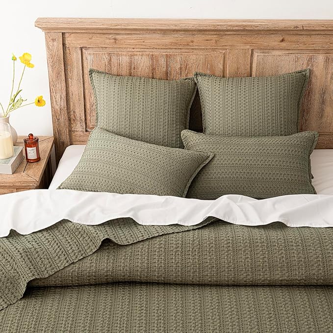 Foindtower Set of 2 Decorative Cotton Waffle Weave Throw Pillow Covers Euro Shams Cushion Covers Accent European Pillowcase for Bed Couch Sofa Bedroom Living Room Home Decor 20×20 Inch Olive Green
