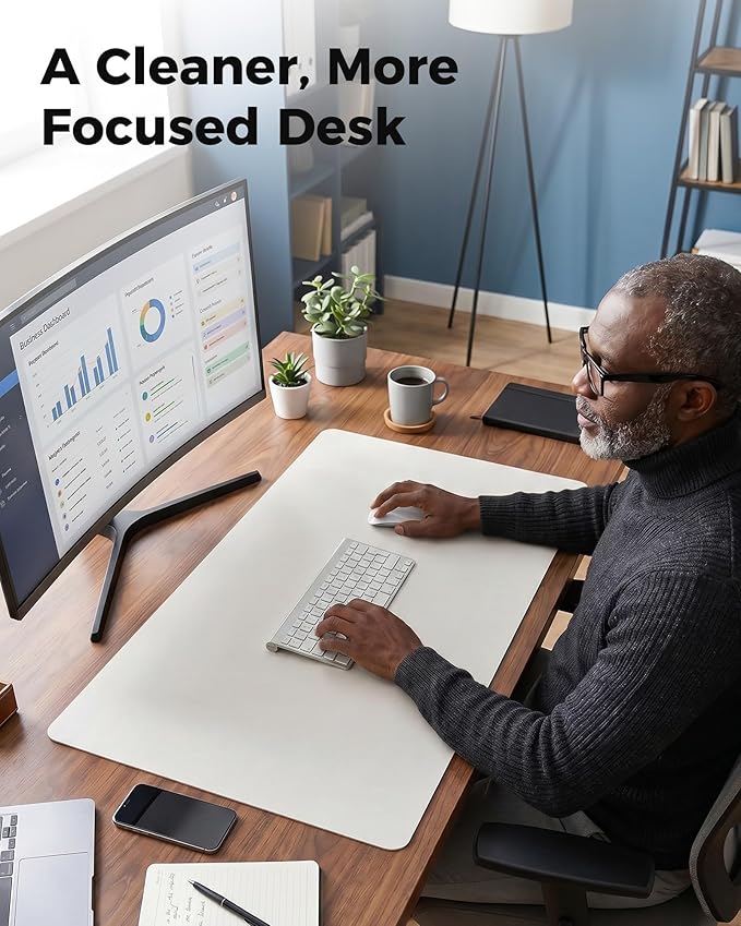 Aothia Cork Desk Mat - Dual-Sided Extra Large Desk Pad & Keyboard Mat, Long PU Leather Desk Protector, Waterproof Desktop Blotter (47" x 17", Off-White)
