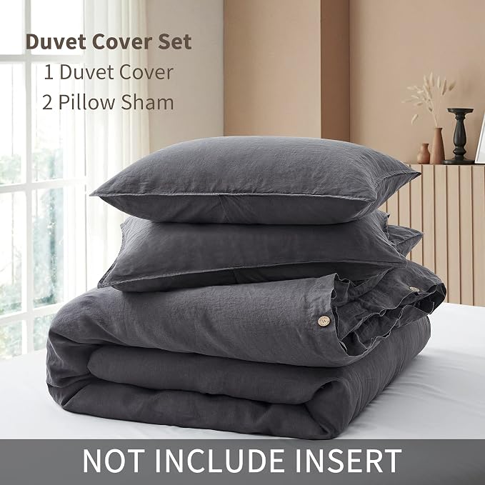 ATLINIA 100% Flax Linen Duvet Cover Set - Stone Washed Pure French Linen Organic Fabric for Farmhouse Comforter Boho Bedding Included 1 Duvet Cover 2 Pillow Shams(Dark Grey, King)
