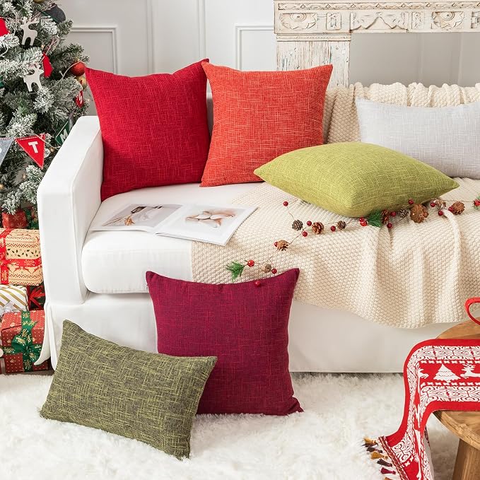 Kevin Textile Christmas Farmhouse Faux Linen Decorative Throw Pillow Case Cushion Cover Pillowcase for Sofa 18 x 18 Inch/45cm x 45cm, Set of 2, Red