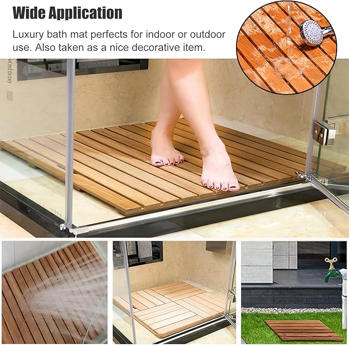 Solid Wood Shower Floor Mat - Available in 21”, 24”, 27”, 30”, 33”, 36” Sizes | Deluxe Non-Slip Bamboo Bath Mat with Center Drain Hole for Shower, Sauna, Spa, Yard(33x33in(83.3x83.3cm))
