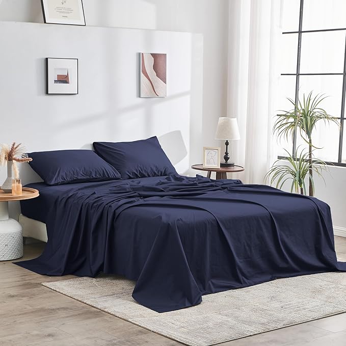 DOZ 100% GOTS Certified Organic Cotton Sheet Set, Crisp Percale Weave, Long Staple, Breathable, Matte Finish, Hotel Style, Durable, 1 Flat Sheet Only (Sapphire, Full/Queen)