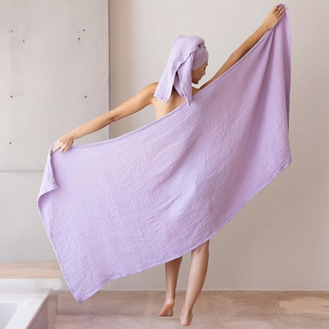Ultra Soft Muslin Towel Adult Set, 100% Turkish Cotton 4-Layer 2 Pieces Luxury Muslin Hand & Bath Towels Sets for Bathroom (Lilac, 1 Bath & 1 Hand Towel Set)