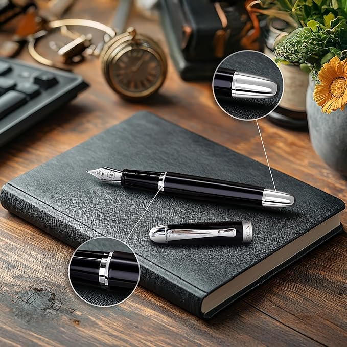 'The Boss' Black Luxury Executive Fountain Pen, Polished Lacquer, Chrome Accents, Stainless Steel Nib, Easy Refill Ink Piston Converter, Smudge Free, No Bleed, Fits Our Instant Insert Ink Cartridges