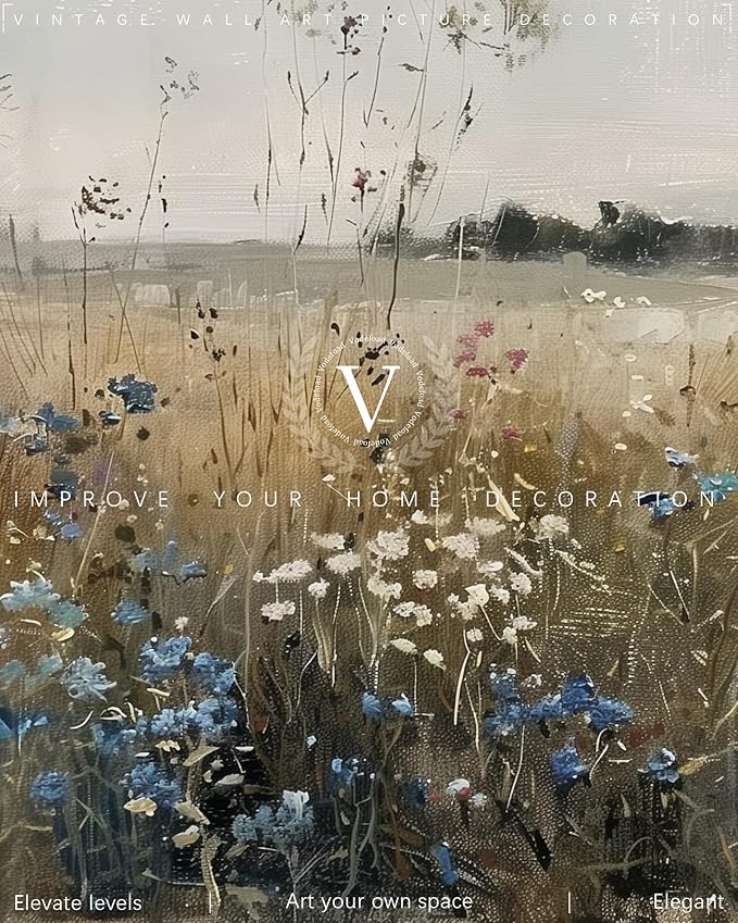 Vodefoad Wildflower Field Landscape Oil Painting, Vintage Spring Landscape Print, Cottagecore Landscape Wall Art, Retro Blue Wildflower Wall Art, Retro Botanical Art, Summer Spring Canvas Decor for Gallery Home Bedroom Farmhouse Bedroom - 8x10Inch Unframe