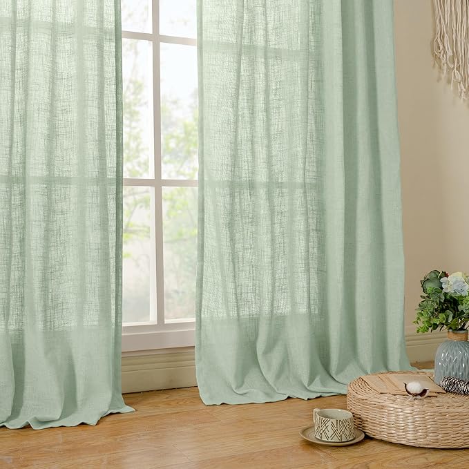 LAMIT Fresh Green Linen Curtains for Living Room, 84 inch Length Light Filtering Semi Sheer Drapes Back Tab and Rod Pocket Farmhouse Panels for Bedroom, 2 Panels, 34 x 84 Inch