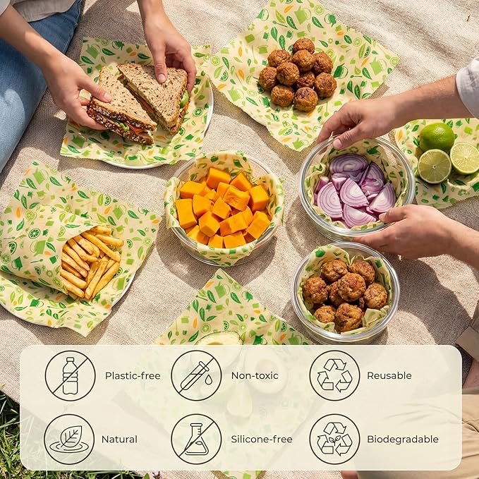 Beeswax Wraps for Food, Lemon 3 Pack (S, M, L) Reusable Food Wraps, Bread Sandwich Wrap, Zero Waste, Organic, Plastic-Free Food Storage Wrap