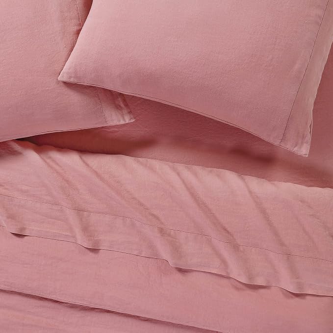 Sijo Stone Washed Organic French Linen Bed Sheet Set, GOTS Certified Organic, Best Cooling Linen Sheet Award by Sleep Foundation, 3 Piece - 2 Pillowcases and 1 Fitted Sheet (Pink Clay, Cal King)