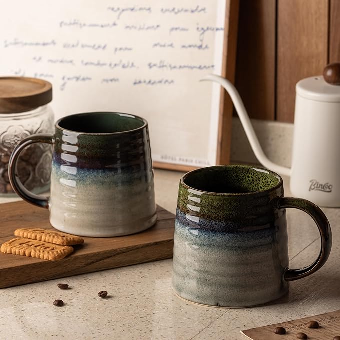 15.5 Oz Large Reactive Glaze Ceramic Mug, Heavy Weighted Stoneware Coffee Cup, Wide Base, Thick Wall Big Tea Cup with Custom Package Box, Microwave & Dishwasher Safe (Light Green)