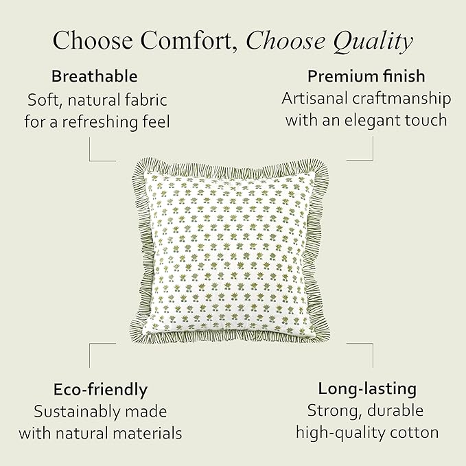 CPC Lotus Meadow Hand Block Print 100% Cotton Ruffle Throw Pillow Cover 24x24 inch with Hidden Zipper Decorative for Couch, Bed, Sofa, Farmhouse, Cottagecore Decor Gift Christmas Fall Thanksgiving