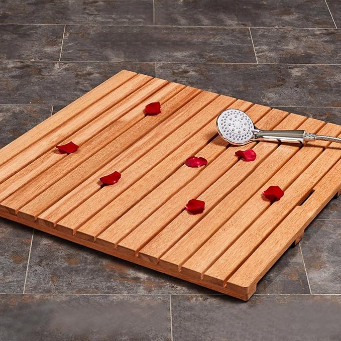 Teak Shower Mat Foldable Luxury Wooden Non-Slip Wood Bath Mat for Bathroom Bathtub Indoor Outdoor,Bamboo Bath Mat for Shower Spa Waterproof Anti Slip Mat with Handle Design Wooden Floor Mat