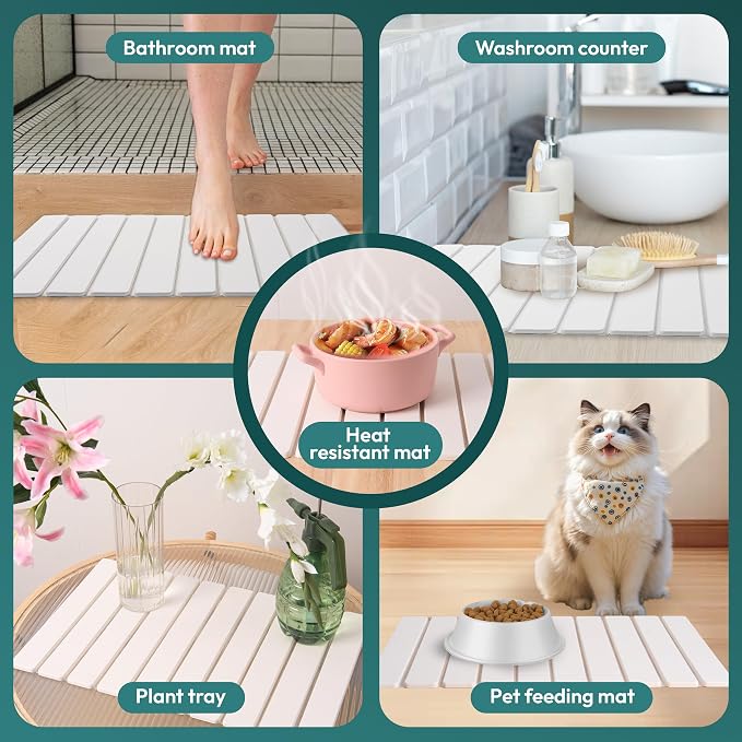 MessOut Stone Dish Drying Mat for Kitchen Countertop, 24x16” Fast Drying Diatomaceous Earth Dish Mat, Collapsible & Absorbent Drying Pad for Tableware, Minimalist Counter Protector