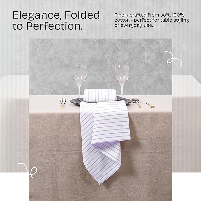 Lavender Stripe Cloth Napkins (Set of 6), Large 18 x 18 Inches, 100% Cotton, Machine Washable, Classic Striped Fabric Napkin for Dinner, Luncheon, Cocktail, Celebrations, Daily Use