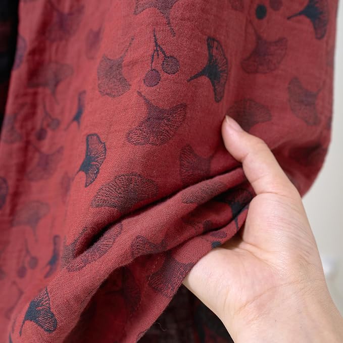 100% Cotton Gauze Ginkgo Leaf Kimono Robe, Long Knit Loose Bathrobe Nightgown Ladies Loungewear Sleepwear for Women