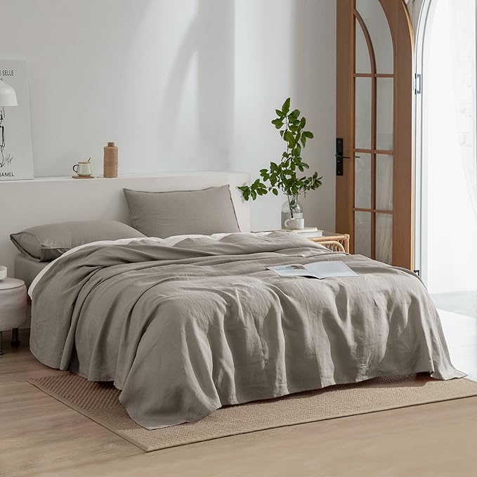 EVERLY Linen Queen Size Sheets Set,100% French Washed Pure Linen Bed Deep Pocket Sheets,4Pieces(1Flat Sheet,1Fitted Sheet,2Pillowcases) Suitable for Hot Sleepers,180GSM Natural Linen Bedding Set