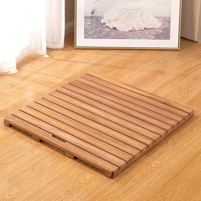 Teak Shower Mat Foldable Luxury Wooden Non-Slip Wood Bath Mat for Bathroom Bathtub Indoor Outdoor,Customizable Non Slip Wooden Bath Mat Bamboo Shower Mat Solid Wood Absorbent Shower Mat with