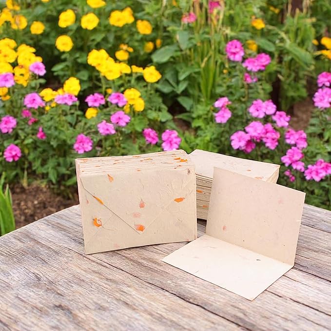 Kathmandu Valley Co. 50 Vintage 4x6 Handmade Lokta Paper Nepali Cherish Greeting Cards & Matching Decorative Flower Petal Envelopes. Folded blank cards. Handmade In Nepal. (Marigold)