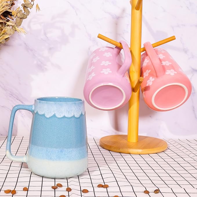24oz Large Ceramic Coffee Mug with Big Handle, Handmade Kiln Glazed Large Coffee Mug Tea cup, Novelty Mug,Unique Uneven Surface for Office and Home,Microwave and Dishwasher Safe (Light Blue)
