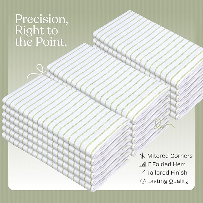 Lemon Green Stripe Cloth Napkins (Set of 12), 18x18 Inch, 100% Cotton, Classic Striped, Soft, Absorbent, Washable Fabric, Durable Table Napkin for Dinners, Luncheon, Everyday Dining