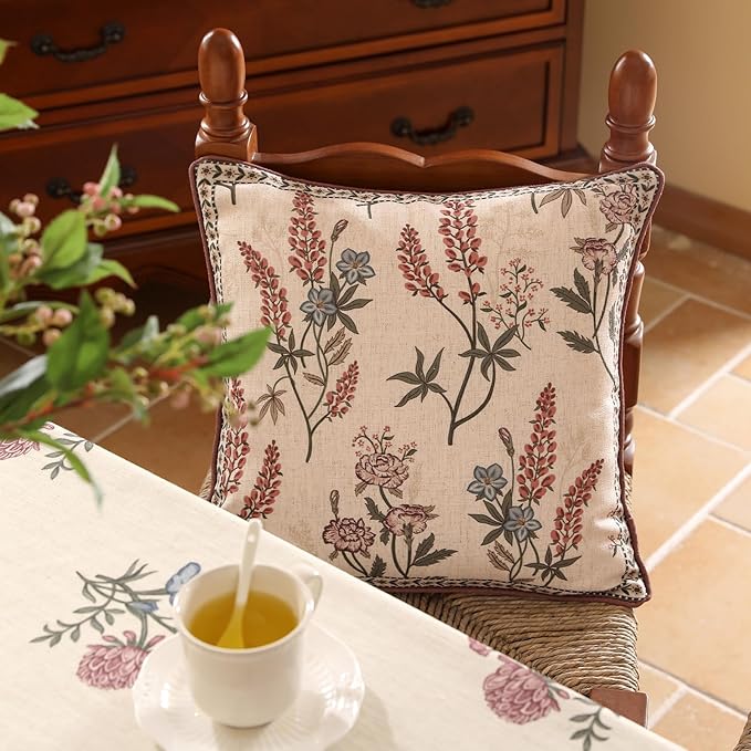 ISAENNE Design Linen Vintage Throw Pillow Covers 18"x18" Pack of 2, Square Cushion Covers with Blue Pink Flowers Green Leaves Pattern Decoration Pillowcases for Bed,Living Room,Outdoor,Car