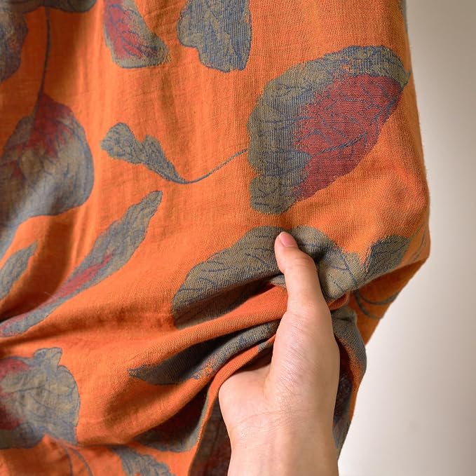 100% Cotton Gauze Ginkgo Leaf Kimono Robe, Long Knit Loose Bathrobe Nightgown Ladies Loungewear Sleepwear for Women