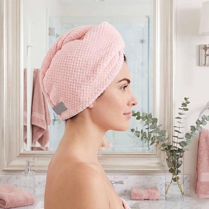 1 Pink Microfiber Hair Towel Wrap for Women, Extra Long Super Absorbent Hair Drying Towel with Bear Button, Quick Dry Anti-Frizz Hair Turban for Curly Thick Hair, Lightweight for Long Short Hair