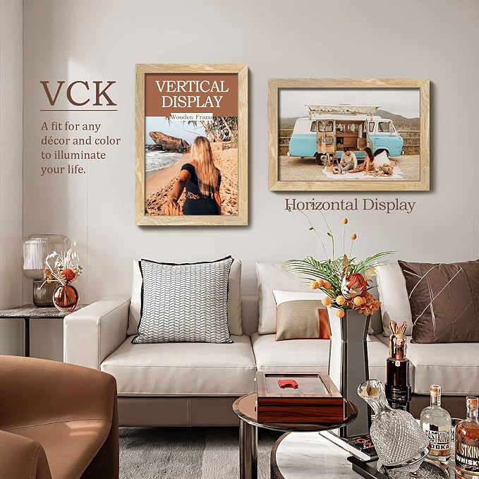 VCK 12x18 Frame Set of 3, Natural Solid Wood Beige Picture Frame with Exclusive Wood Grain,Wall Mounting for Home Decor