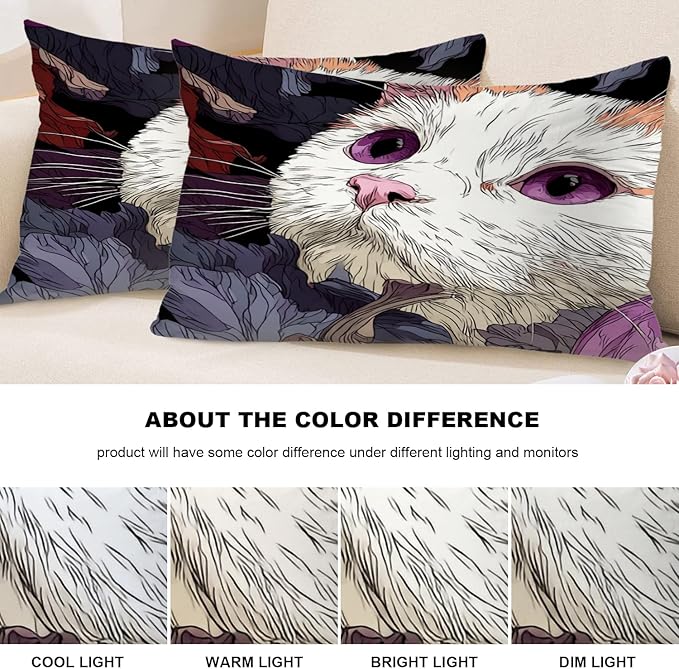 Shrahala Cute Cat Decorative Throw Pillow Cover, Cat Among Purple Fruits Lumbar Pillowcase Blended Double-Sided No Inserts for Bedroom Living Room Set of 2 (12 x 20 in)