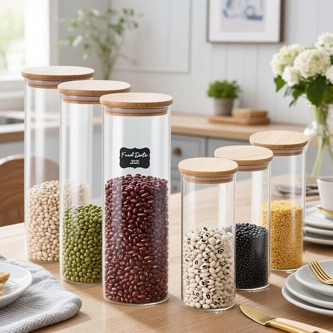 3L and 1.28L Glass Food Storage Containers with Lids - Set of 6 | Square Airtight Food Containers for Kitchen Pantry, Cereal, Coffee, Flour, Sugar
