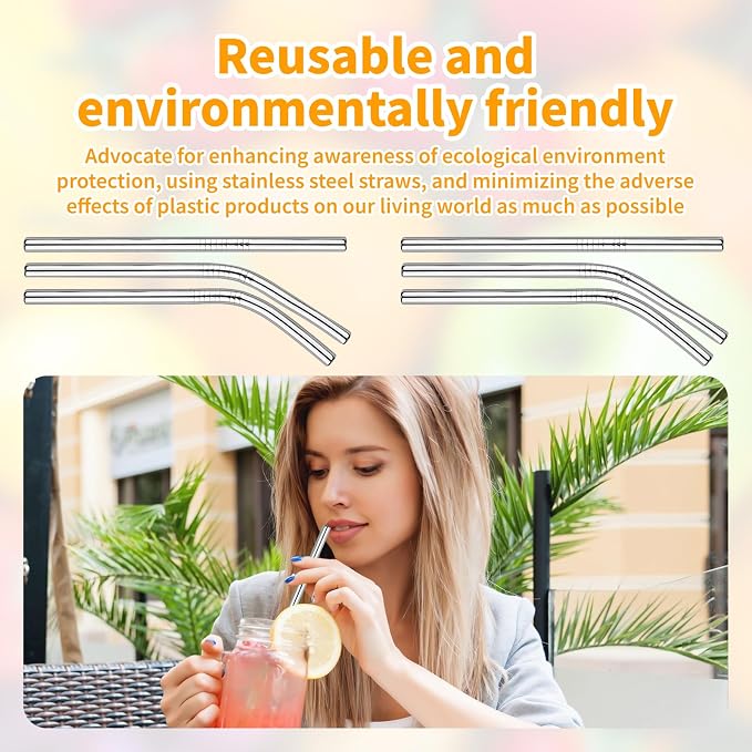 10-Pack Stainless Steel Smoothie Straws Reusable - 4 Straight and 4 Bent 5'' Straw with 2 Cleaning Brushes - 0.24'' Wide Metal Drinking Straws for Milkshake, Smoothie, Beverage