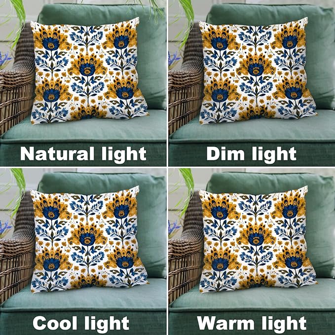 Shrahala Folk Art Floral Motifs Decorative Couch Cover, Blue Yellow Floral Pattern Square Throw Pillows Blended Double-Sided No Inserts for Bedroom Living Room Set of 2 (18 x 18 in)