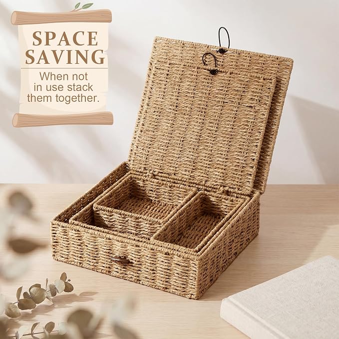 Newtay Set of 4 Woven Wicker Storage Baskets with Lids, Decorative Storage Boxes Lidded Rattan Organizer Bin Home Decor for Shelf, Coffee Table, Closet, Bathroom, Living Room(Paper Rope,Natural Color)
