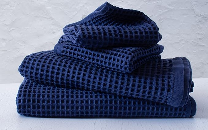 PÜSKÜL - Premium Waffle Towel Set 4 Pieces Navy Blue - Organic 100% Turkish Cotton Quick-Dry Towels for Bathroom Made in Turkiye (Navy Blue, Towel Set - 2 Hand & 2 Bath Towels)