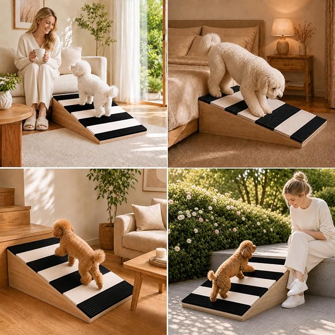 2 Pack Dog Ramp for Small Dogs, Solid Acacia Wood Pet Ramp with Non-Slip Carpet, 180 lbs Capacity, Gentle Slope Dog Stairs for Senior Dogs, Puppies & Cats, No Assembly Required