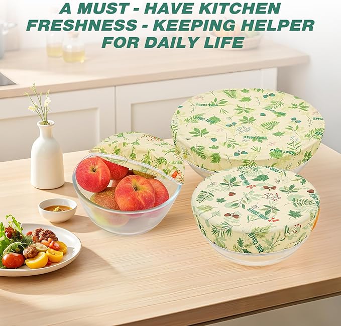 6 Pcs Beeswax Bowl Covers Reusable,Large Reusable Bowl Covers for Bread Proofing,Stretchable to Fit 8/10/12 Inch Bowls (2 Each),Beeswax Wraps for Bread,Leftovers,Fruits,Salad