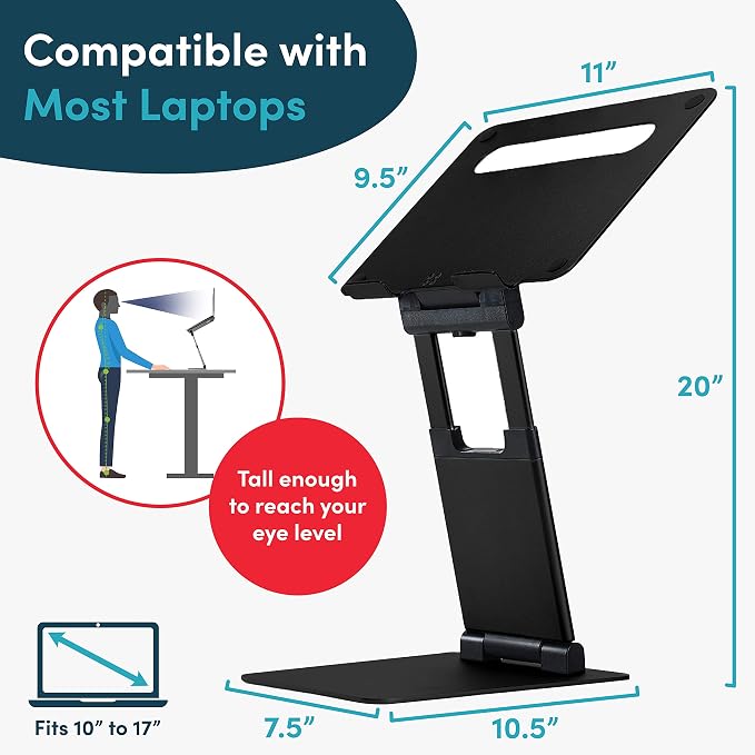 Lifelong Aluminum Adjustable Laptop Stand, Extra Tall 20" Riser, Black | Ergonomic Laptop Stand for Desk, Portable Foldable Computer Stand, Fits 10-17 Inch Laptops & MacBooks
