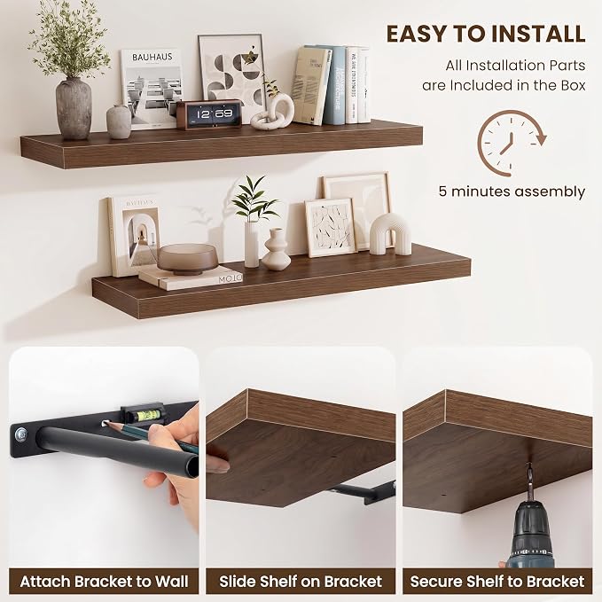 Fun Memories Wood Floating Shelves 16 Inch, 10 Inch Deep Shelves Wall Mount, Wall Shelves with Invisible Bracket, 16" Floating Shelves for Living Room Bathroom Bedroom, Walnut, Set of 2