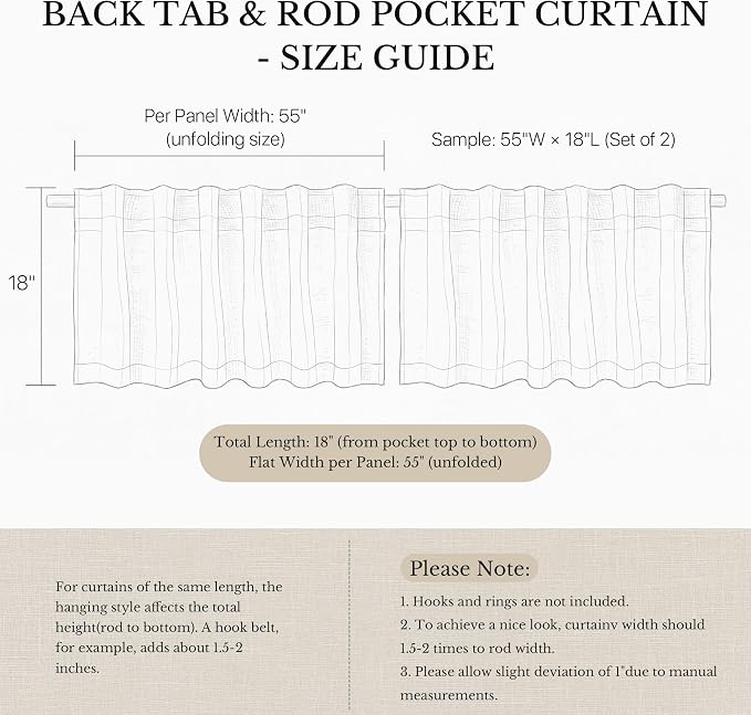 NICETOWN Linen Kitchen Curtains 18 inch Long, Light Filtering Privacy Small Cafe Curtains 55" W, Linen Textured Elegant Short Window Treatments for Farmhouse Home Decor