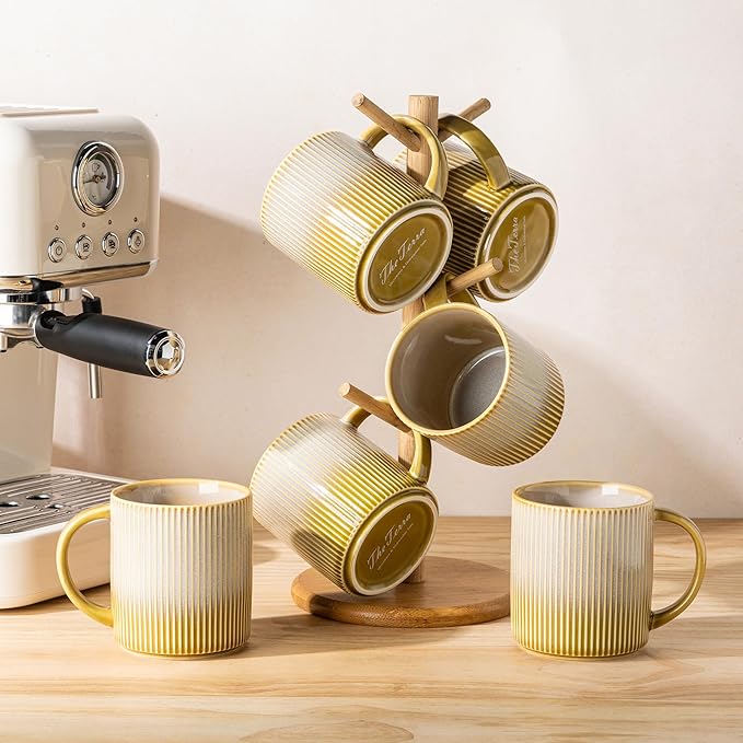 theterra Ceramic Coffee Mugs Set of 6, 14.2oz Handmade Coffee Cups with Handle for Latte, Tea, Milk, Beer, Hot Cocoa, Autumn Haze